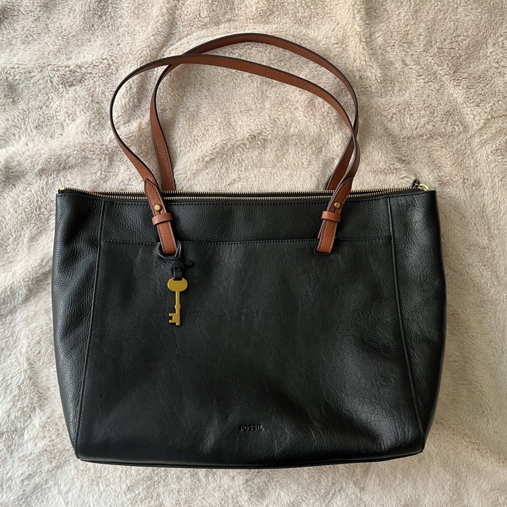 NWT Fossil Black Leather Rachel TZ Tote Bag